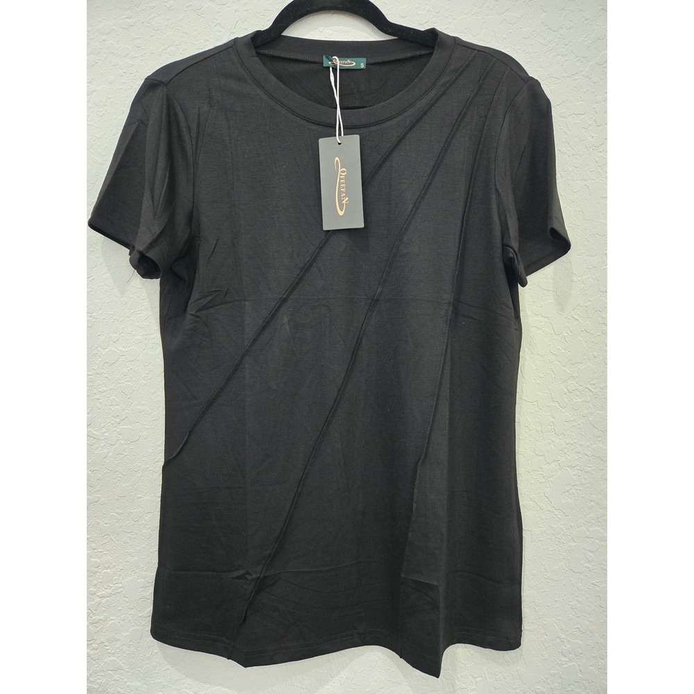 Ofeefan Black Short Sleeve Pleated Front Crew Neck Tee Shirt Small NEW